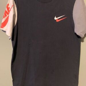 Nike Black T-Shirt with Orange and White Nike Swoosh Logo Medium